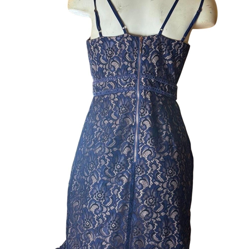 Navy Blue Floral Lace Cocktail Dress V-Neck Eyelash Hem Front Slit Wedding Guest - Picture 3 of 5